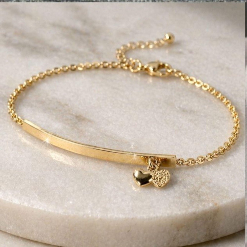 Vintage Gold Tone Heart Charm Bracelet Dainty Bar Chain 7.25" New Old Stock 90s